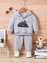 Baby Cartoon Train Print Hoodie Trousers Set