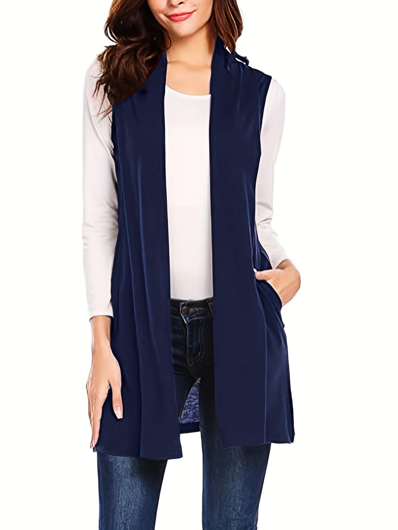Sleeveless Open Front Vest With Pockets