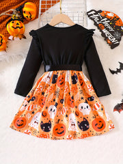 Girls' Cute Pumpkin Halloween Dress Long Sleeve Tee Dress