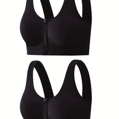 2 Pack Plus Size Sports Bra Zipper Front Stretch Shockproof Bra Set