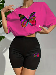 Butterfly Print Lounge Set Short Sleeve Crew Neck Top & Elastic Waistband Shorts