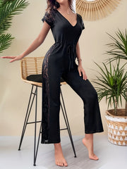 Contrast Lace Jumpsuit Wide Leg V Neck Jumpsuit