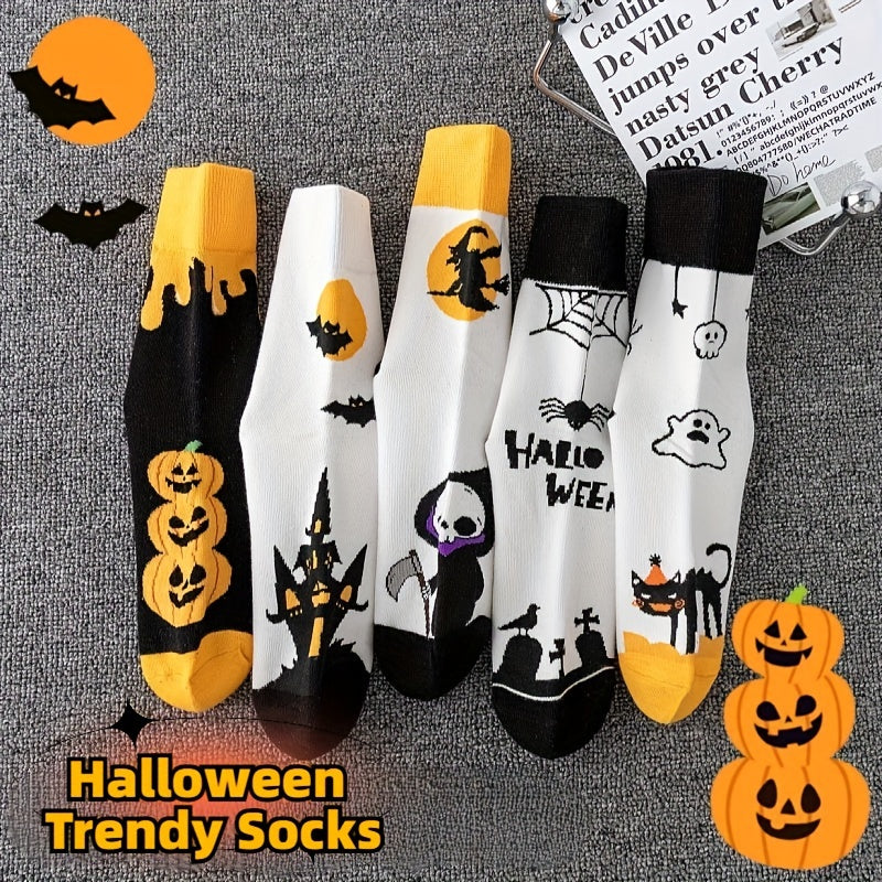 5 Pairs Pumpkin & Skull Print Socks Halloween Crew Socks Women's Stockings