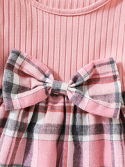 Baby Girls Bow Long Sleeve Plaid Dress Knitted Top Pleated Skirt