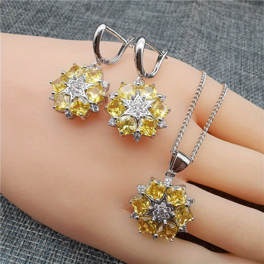 Multicolor Snowflake Pendant Necklace & Earrings Set Vintage Party Jewelry