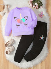 Cartoon Unicorn Print 2pc Sweatshirt & Sweatpants Set for Girls