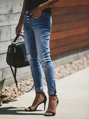 Slim Fit Ripped Denim Jeans Single Breasted High Stretch Casual Pants