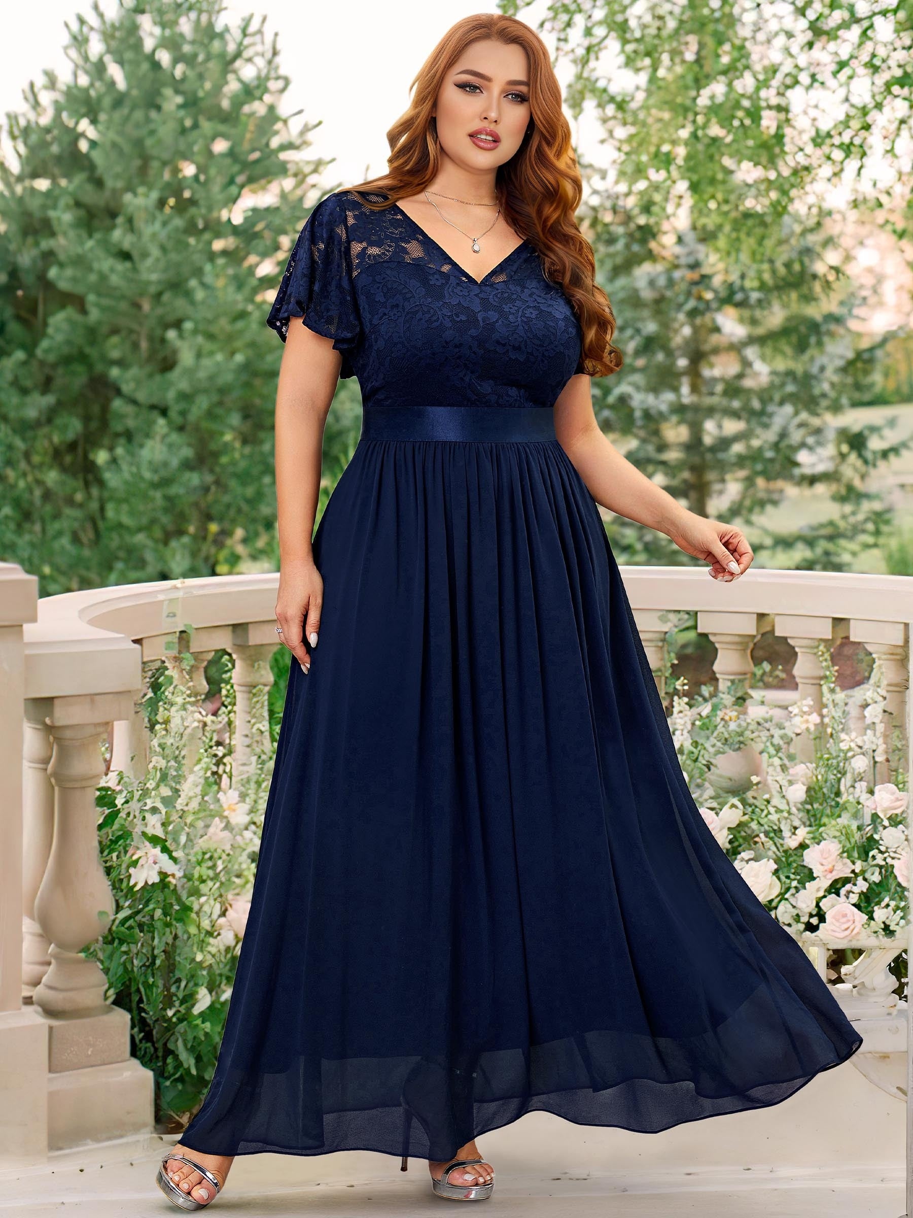 Floral Lace Ruffle Sleeve V Neck Evening Dress