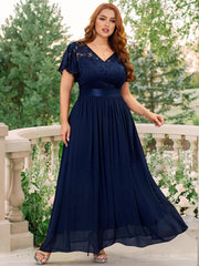 Floral Lace Ruffle Sleeve V Neck Evening Dress