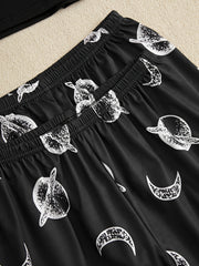 Moon Print Pajama Set Short Sleeve Crew Neck Top & Shorts Women's Sleepwear