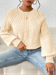 Solid Crew Neck Pullover Sweater Lantern Sleeve Criss Ruffle Trim Knit