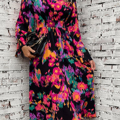 Abstract Print Shirred Dress V Neck Midi Dress Women's Clothing