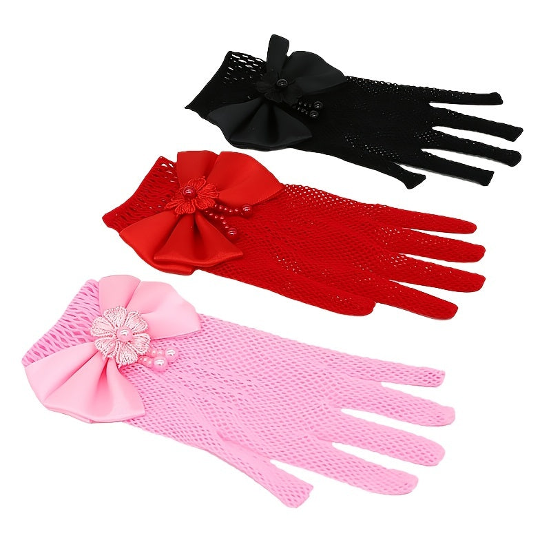 Girls Mesh Bow Lace Faux Pearl Gloves Party Supplies