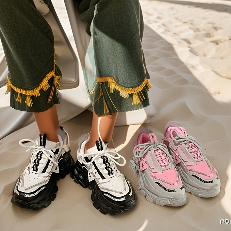 Chunky Rhinestone Platform Lace Up Walking Shoes