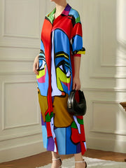 Abstract Face Print Dress Boho V Neck Long Sleeve Maxi Dress Women's Clothing