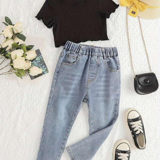 Girls Pit Strip Short Sleeve T shirt & Elastic Waist Jeans Set