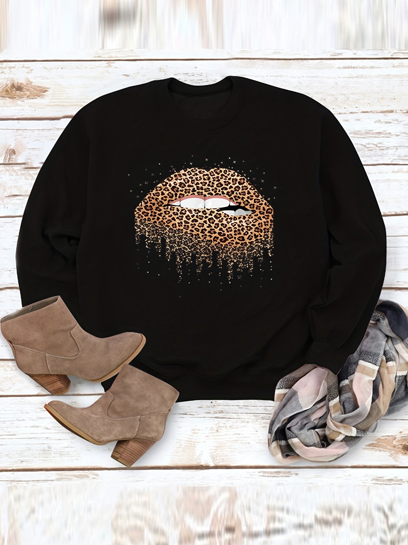 Leopard Print Crew Neck Sweatshirt Long Sleeve Pullover Tops