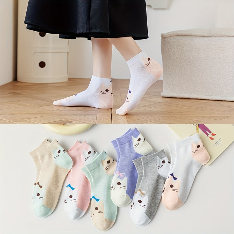 6 Pairs Cartoon Cat Print Socks & Sports Short Socks Women's Stockings