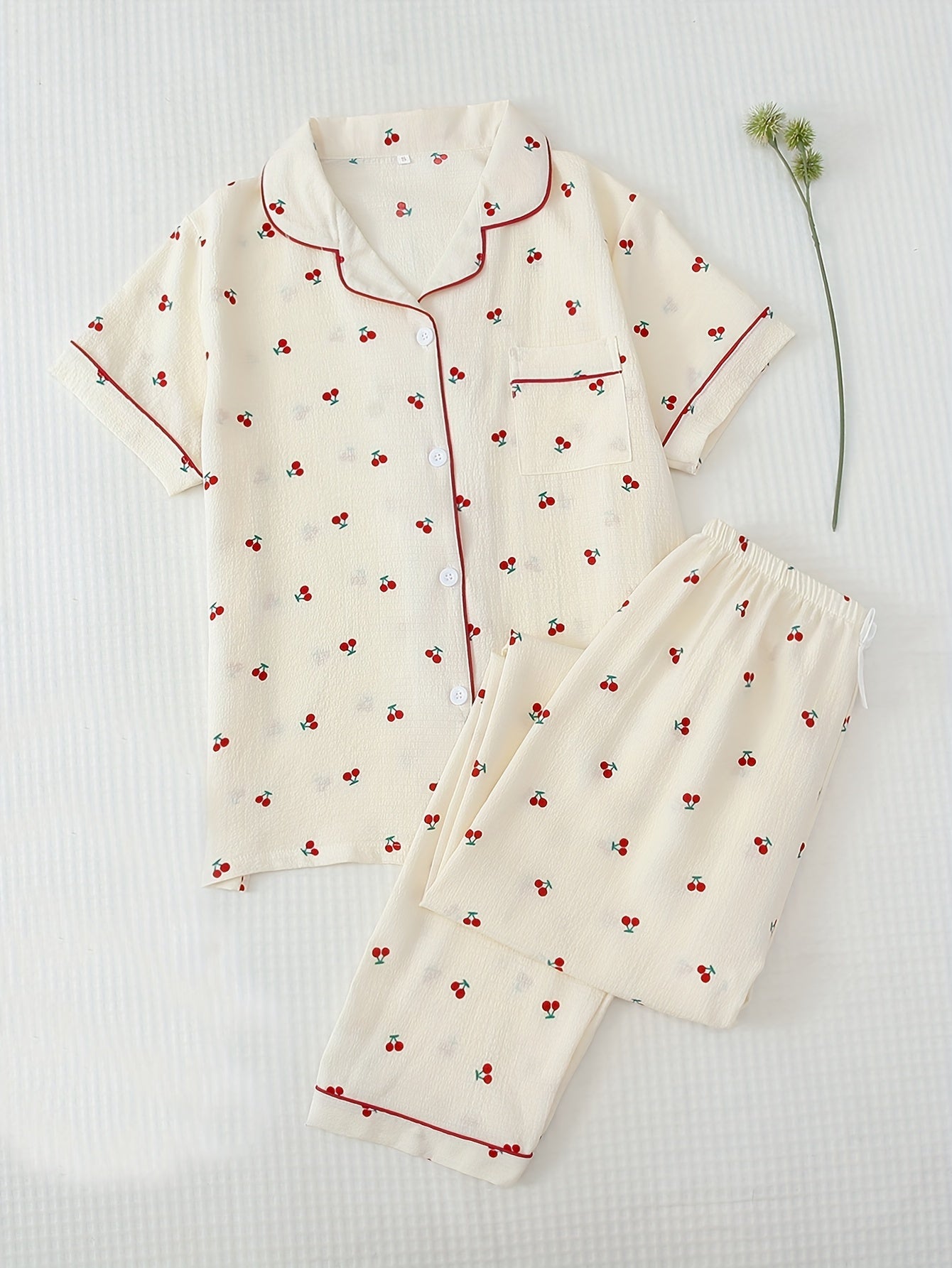 Cherry Print Pajama Set Short Sleeve Button Up Top & Pants Women's Sleepwear