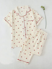 Cherry Print Pajama Set Short Sleeve Button Up Top & Pants Women's Sleepwear