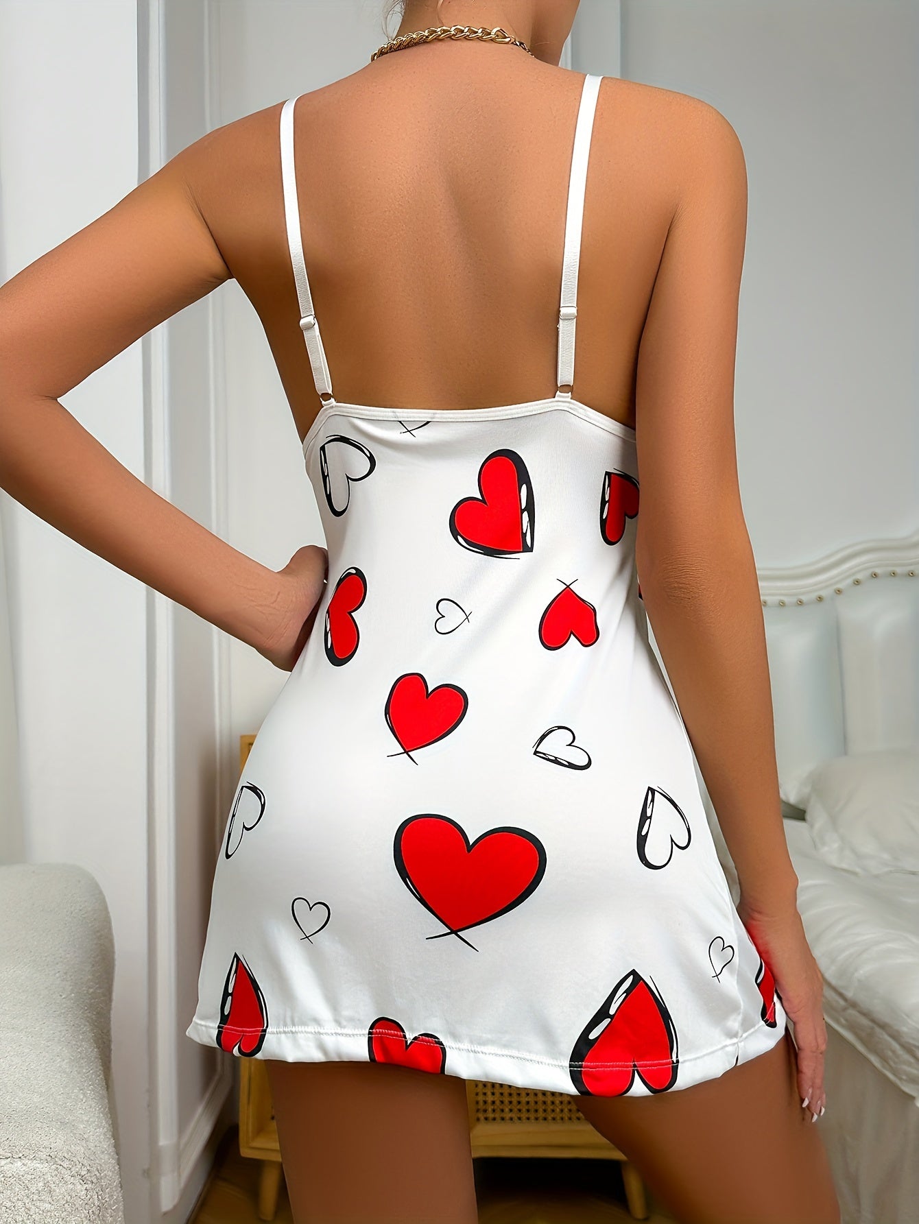 Heart Print Slip Lounge Dresses Contrast Lace V Neck Side Split