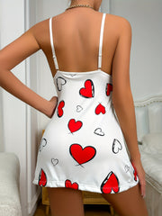 Heart Print Slip Nightdress Lace Trim V Neck Split Sleep Dress Women's Sleepwear