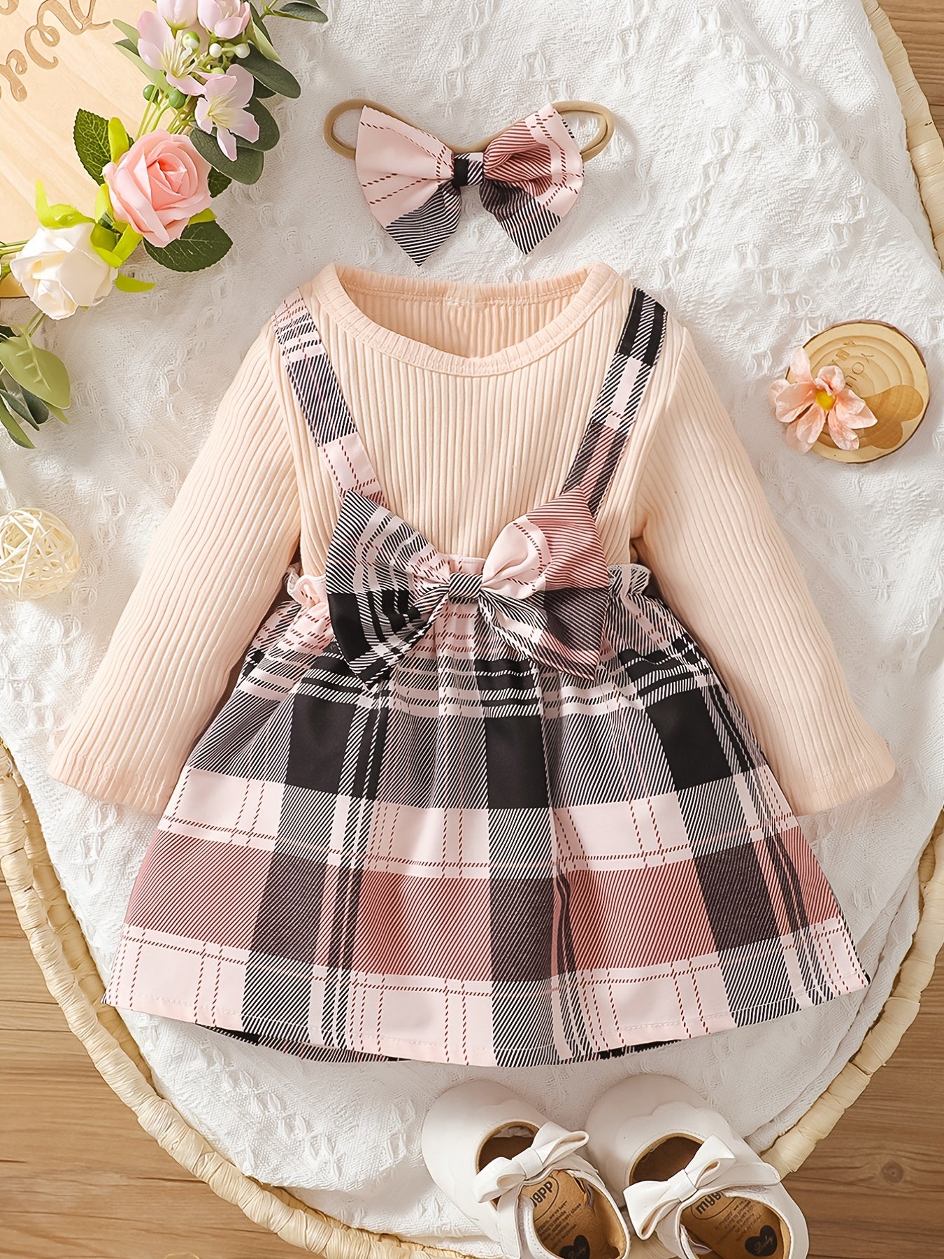 2pc Toddler Girls Bow Plaid Skirt Set Long Sleeve Knit Sweater Dress Headband