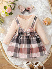 2pc Toddler Girls Bow Plaid Skirt Set Long Sleeve Knit Sweater Dress Headband