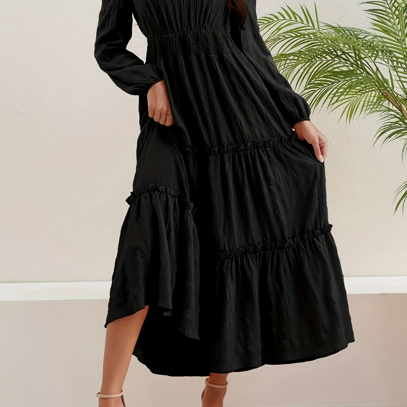 Textured Shirred Waist Dress Long Sleeve Maxi Dress