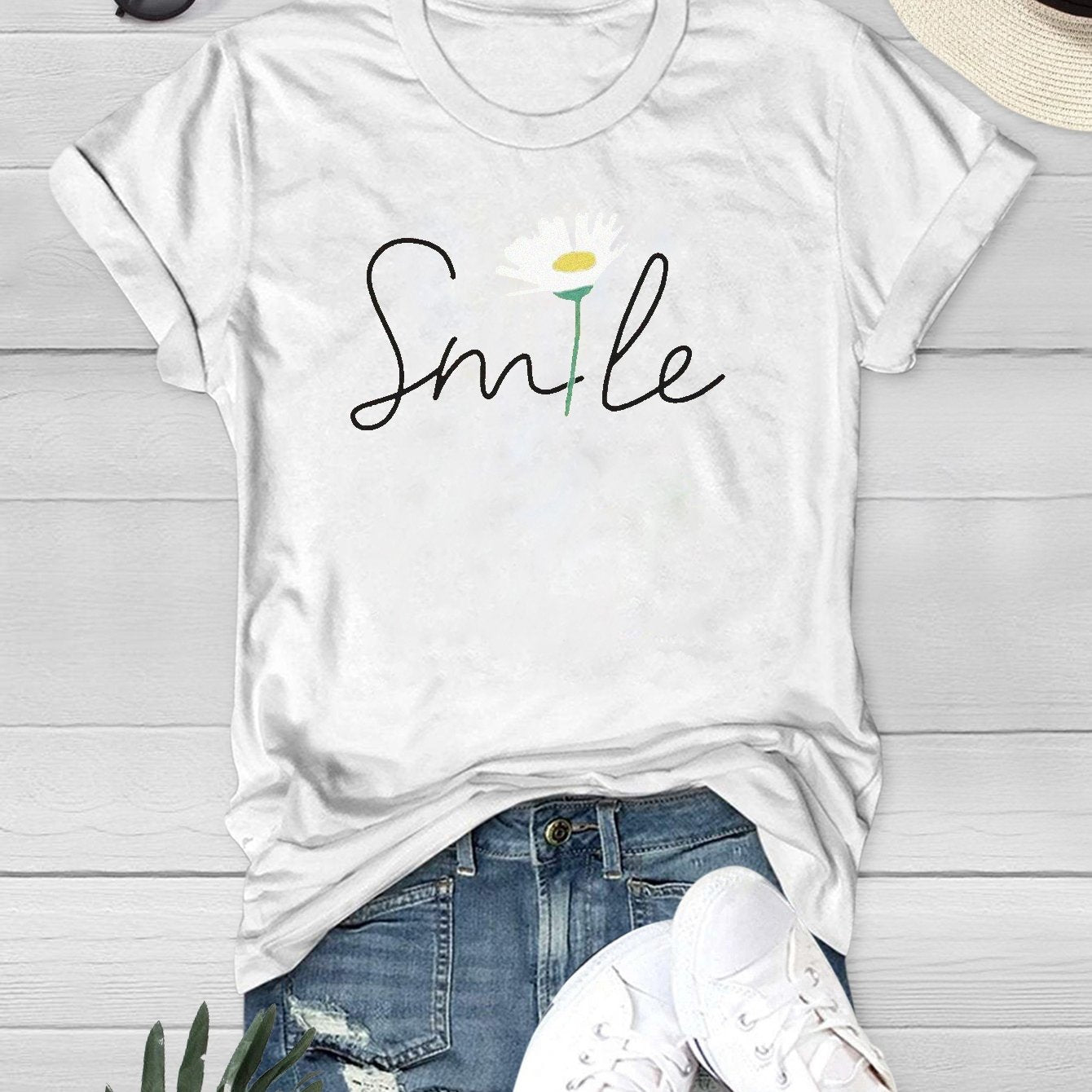 Smile Flower Graphic Tee Round Neck Summer Casual Sports Short Sleeve Shirts