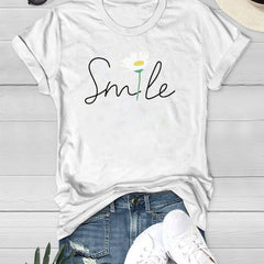 Smile Flower Graphic Tee Round Neck Summer Casual Sports Short Sleeve Shirts