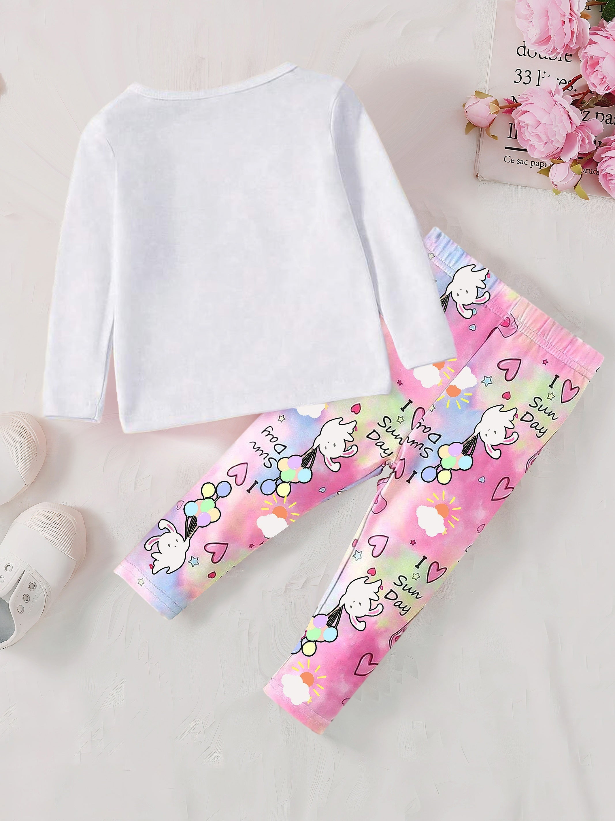 Rabbit Print Long Sleeve Sweatshirt Pants Set for Baby Girls