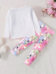 Rabbit Print Long Sleeve Sweatshirt Pants Set for Baby Girls