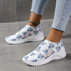 Floral Printed Flatform Sneakers Slip On Sock Knit Shoes