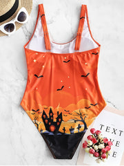 Gothic Swimsuit Women's Bat & Castle Print One Piece Bathing Suit