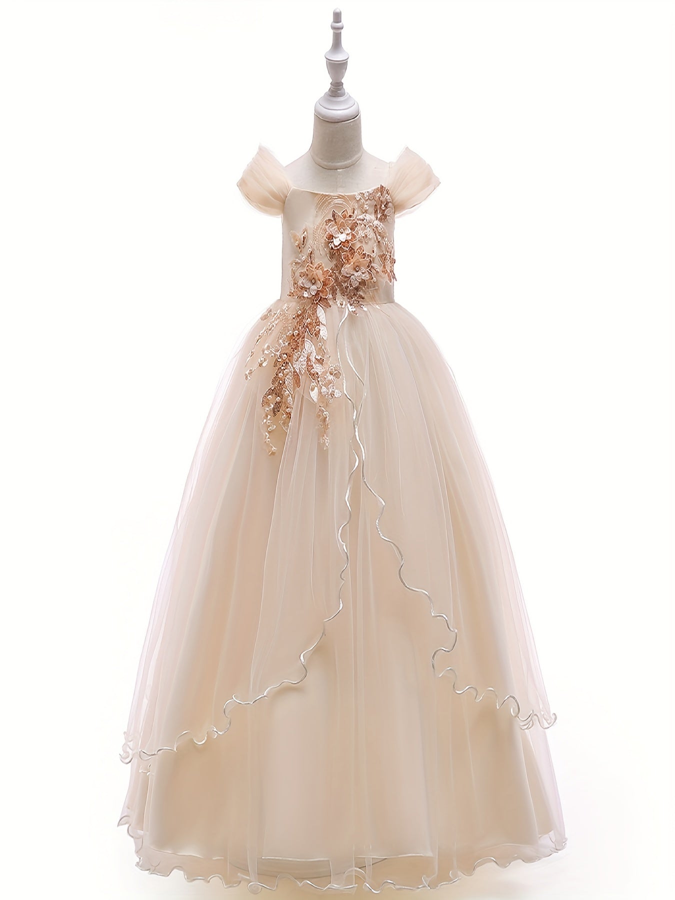 Girls Puffy Princess Dress Sequin Bead Flowers Embroidery Mesh Tutu