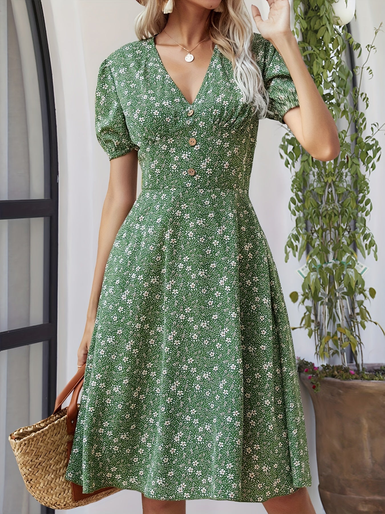 Floral Print V Neck Dress Short Sleeve Dress Spring Summer