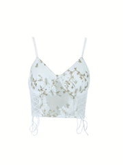Embroidered Drawstring Cami Top V Neck Sleeveless Summer Top
