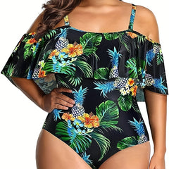 Tropical Print Cold Shoulder Ruffle Trim One Piece Bathing Suit
