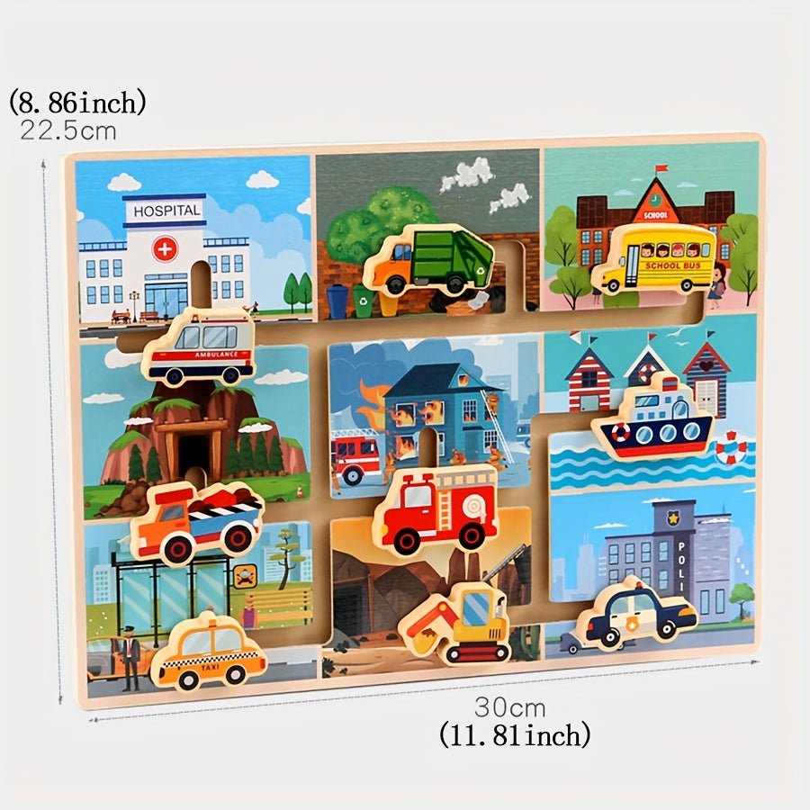 Educational Toy: Wood Track Game with Vehicles & City Scene for Toddlers