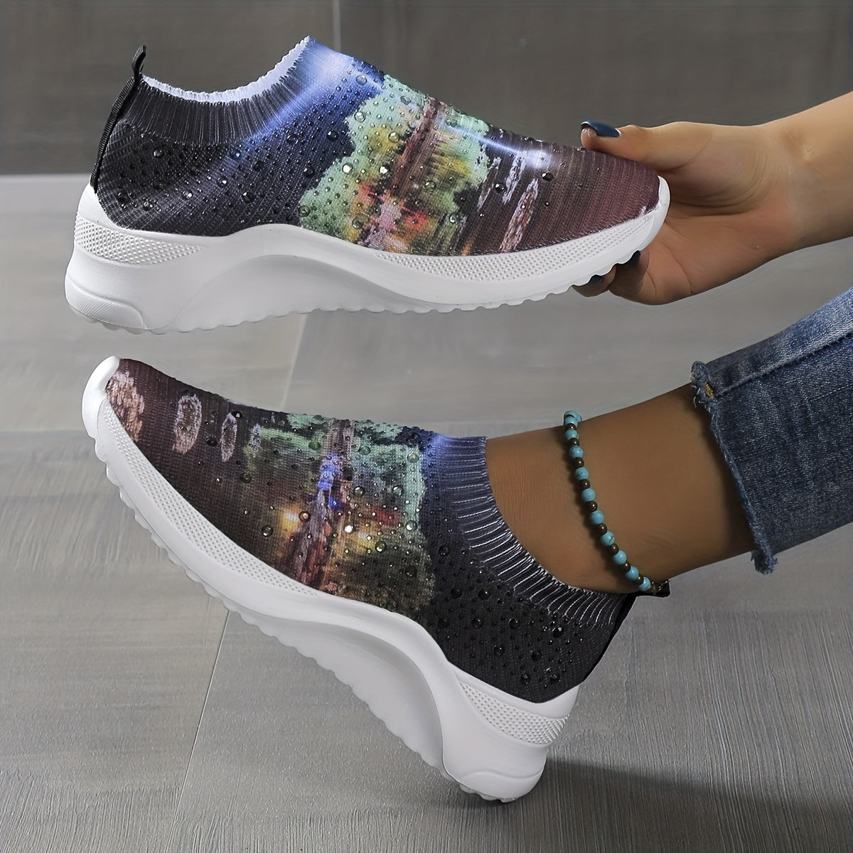 Rhinestone Sock Sneakers Art Printed Slip On Shoes Casual Walking Shoes