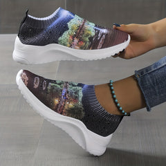 Rhinestone Sock Sneakers Art Printed Slip On Shoes Casual Walking Shoes