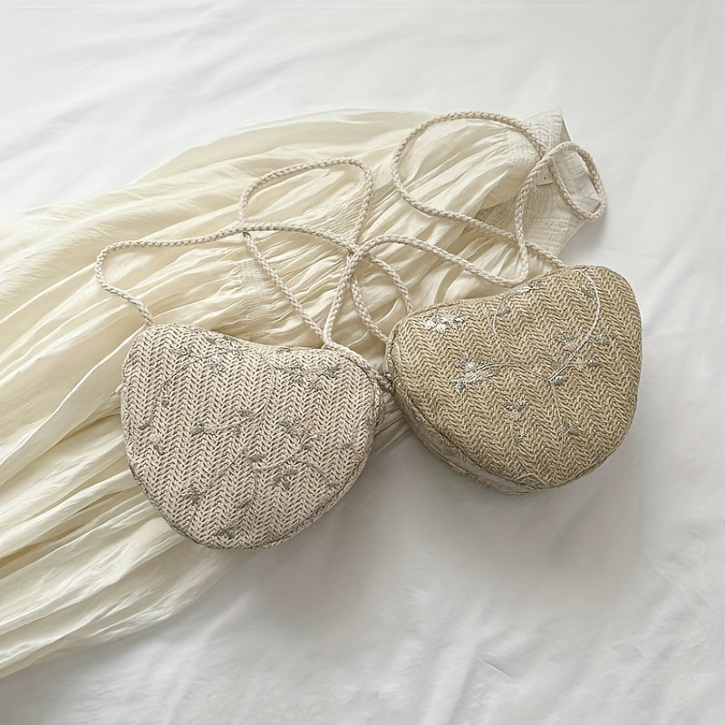 Casual Straw Woven Crossbody Bag Heart Shaped Flower Crossbody Bag