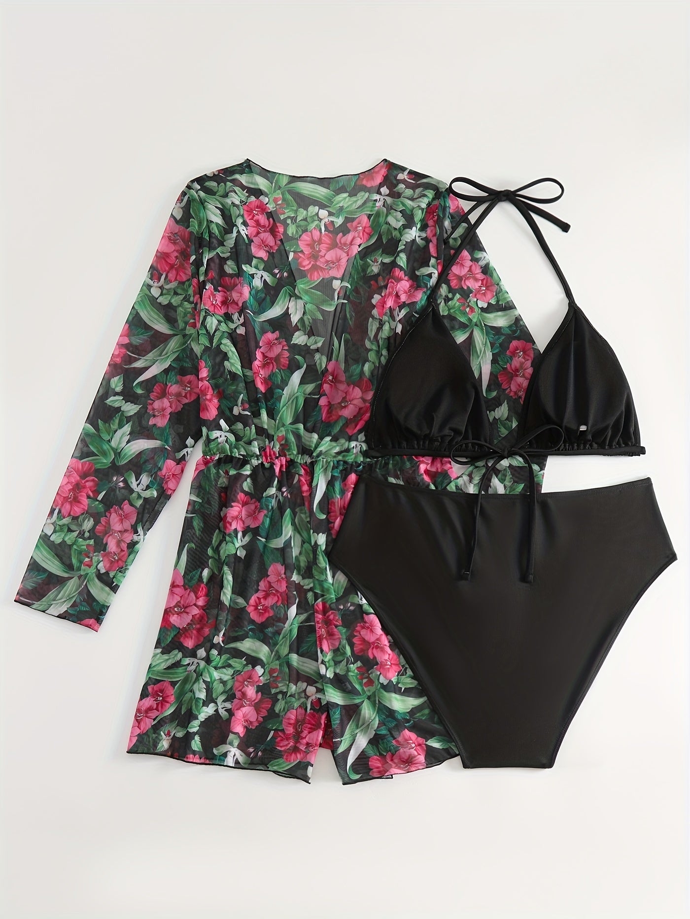 Bikini Set Women's Floral Print Cover Up & Halter Bra Panty Swimsuit