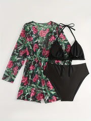 Bikini Set Women's Floral Print Cover Up & Halter Bra Panty Swimsuit