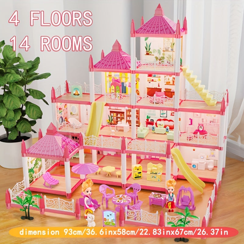 4 Floor Princess Playhouse Dollhouse w/ 11 Rooms Pretend Play Toy