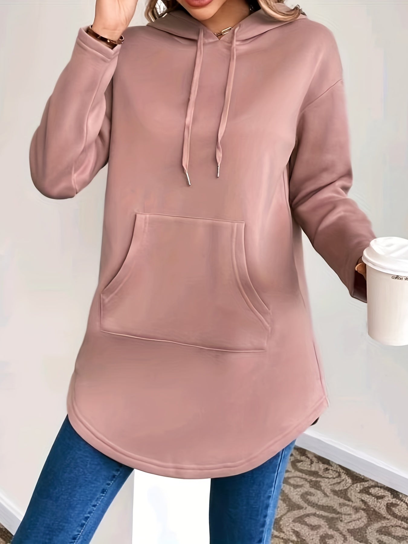 Solid Kangaroo Pocket Hoodie Casual Long Sleeve Drawstring Hoodies Sweatshirt