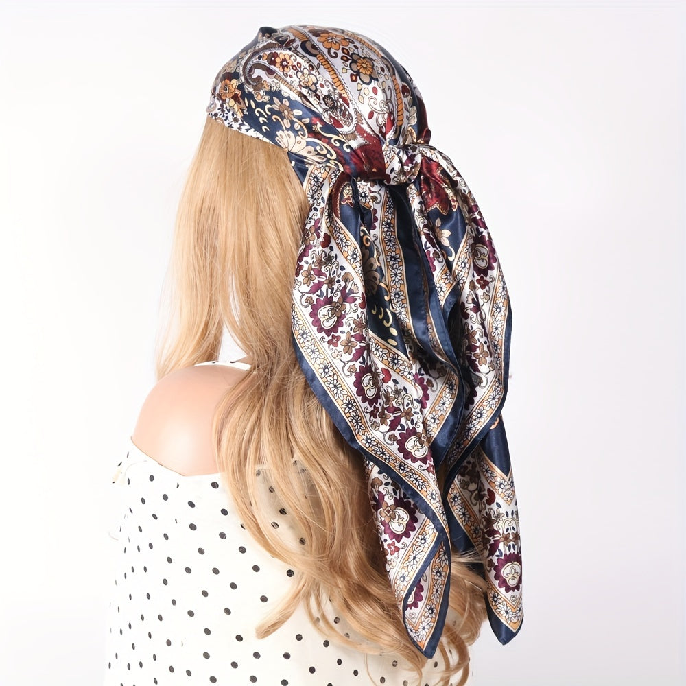 Vintage Brown Paisley Print Square Scarf Satin Shawl Bandana