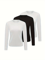 3pcs Solid Thermal Underwear Tops Long Sleeve Crew Neck Women's Lingerie
