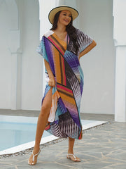 Boho Cover Up Women's Plus V Neck Geometric Print Short Sleeve